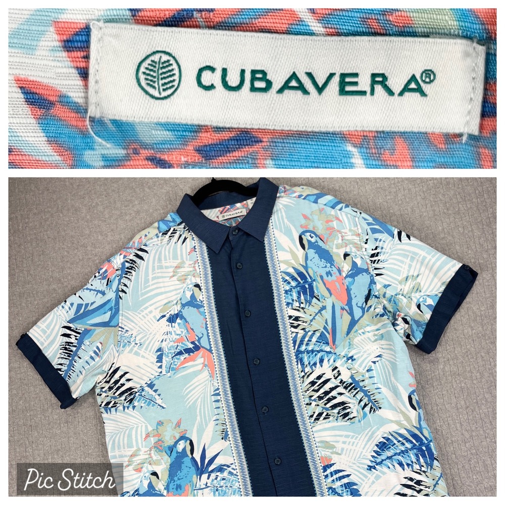 Cubavera Button Down Shirt Mens XL Blue Parrot‎ Bird Tropical Short Sleeve
